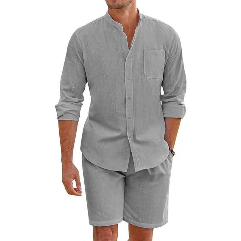 Summer Men's Casual Sets Breathable Cotton Linen Vintage Stand