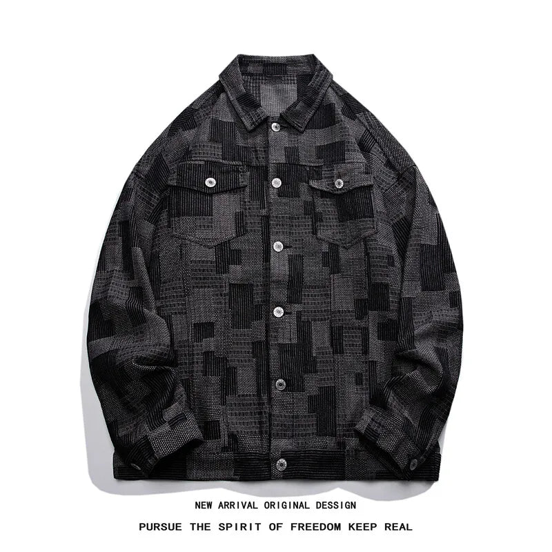 denim jacket man coat Vintage Loose Denim Jacket with Grid Pattern
