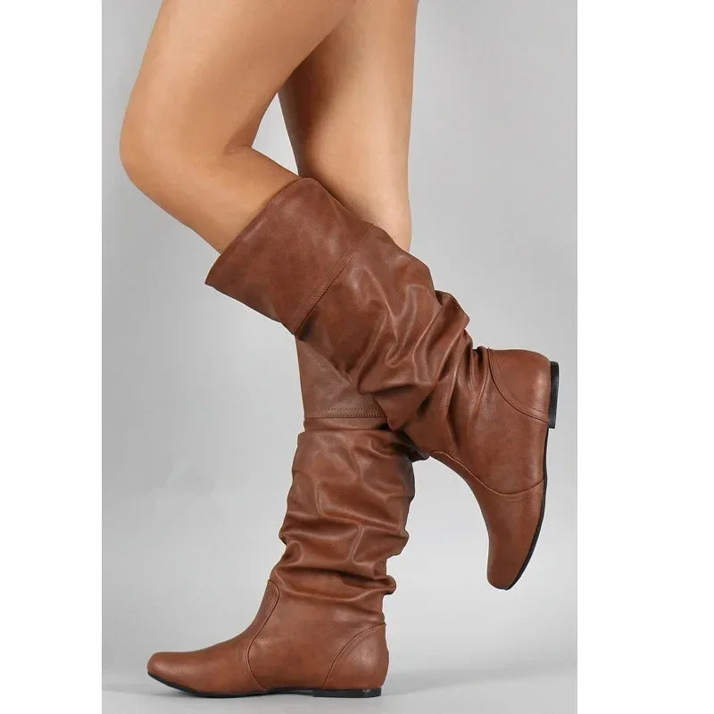 Women Leather Boots Fashion Pleated Wedge Long Boots Round Toe