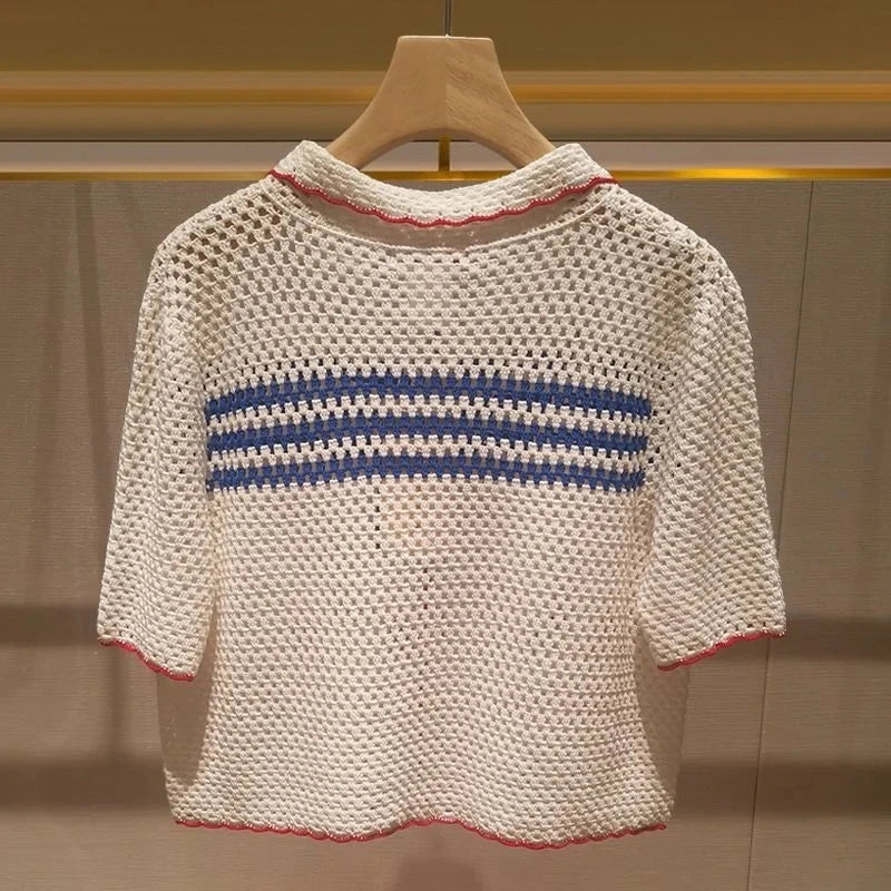 Women's Knitted Ribbed Blouse Casual Short Sleeve Striped Hollow Out T-shirt