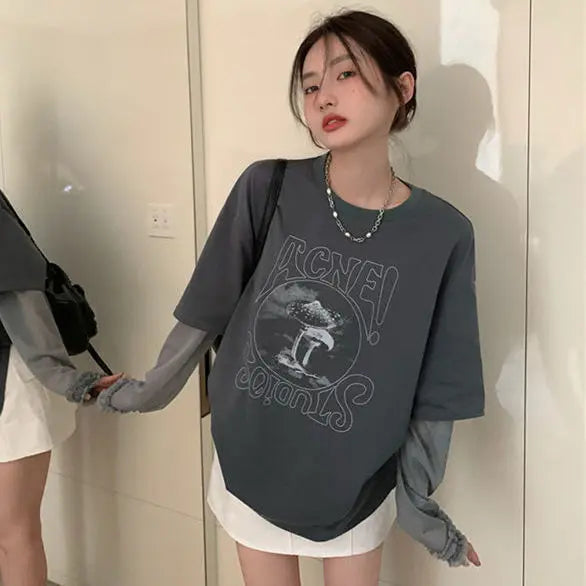 Print Grey Graphic Loose Women's T Shirts