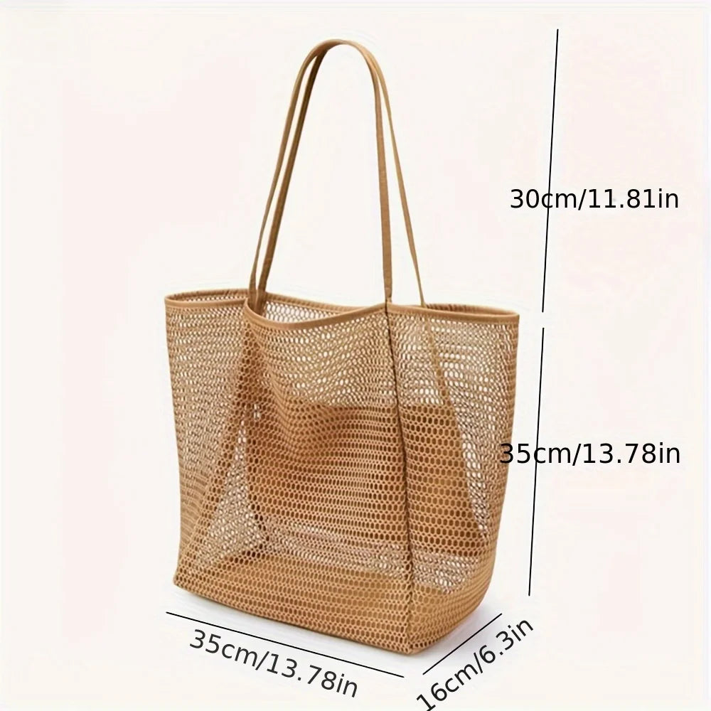 Women's Large Capacity Beach Tote Bag - Durable Polyester Woven Shoulder Bag