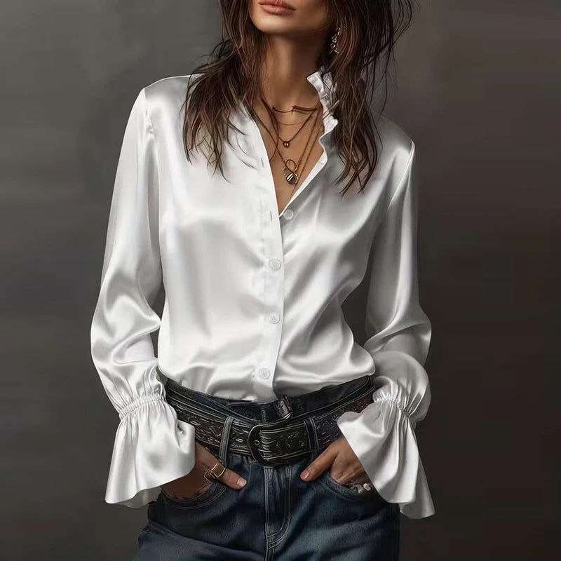 Elegant Blouses For WomenFlare Long Sleeve Button Silk Blouse