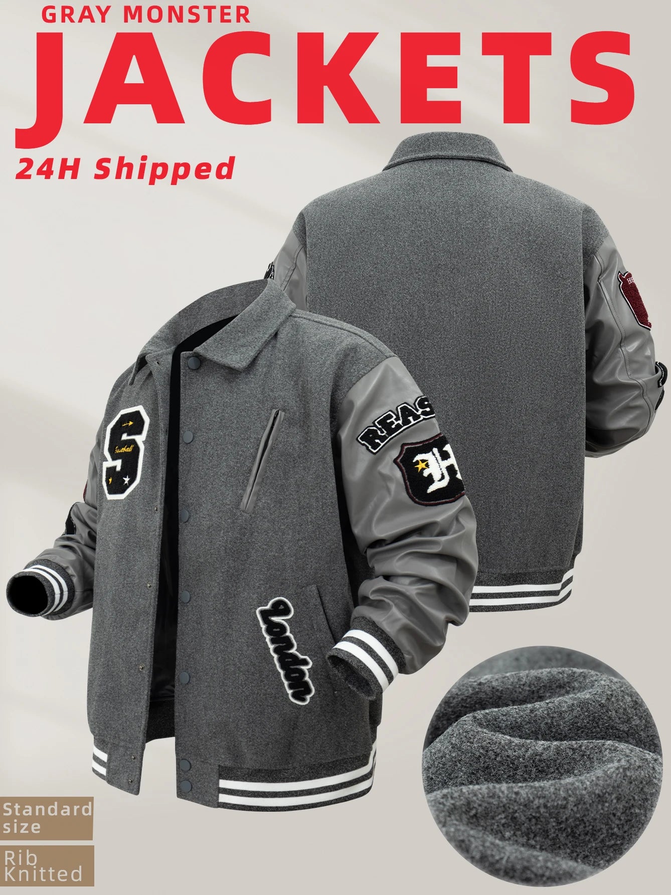 Men's Varsity Jacket Faux Leather Sleeve Vintage Motorcycle Coat Bomber
