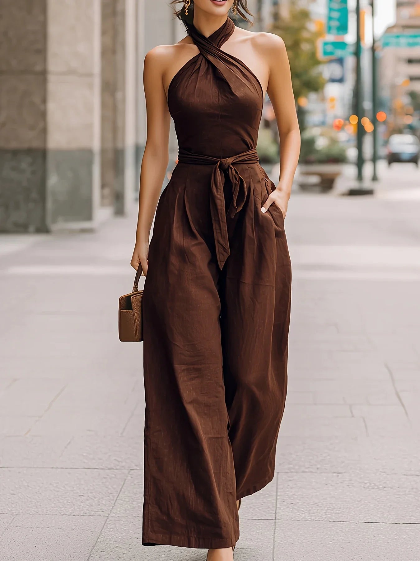 Fashion Sexy Jumpsuit  Halter Neck Wide Leg One-Piece