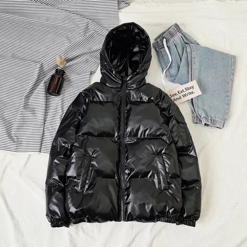Bright Silver Puffer Jackets Casual Hooded Cotton Wadded Heated Jacket