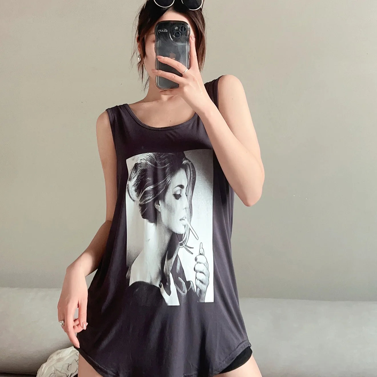 Women Long Tank Tops O-Neck Fashion Print
