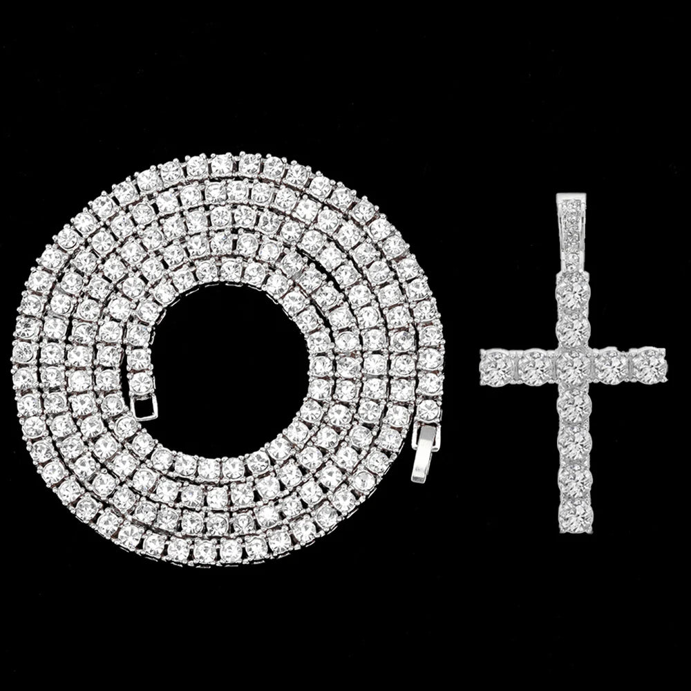 Hip Hop Iced Out Cross Pendant Necklace Strap 4mm Zircon