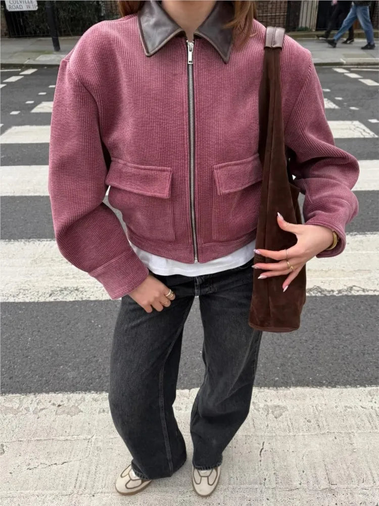 Women's Corduroy Jacket with Leather Effect