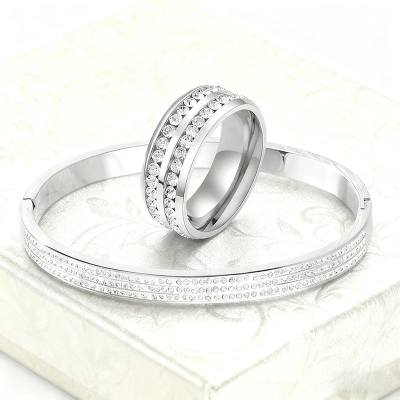 Stainless Steel Full Crystal Micro Set Zircon O-shaped Buckle Bracelet Ring