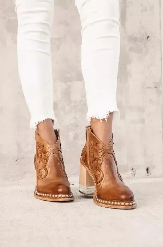Female Ankle Boots  Leather Women's Shoes Low Heel Embroidered Design Soft Short Boots