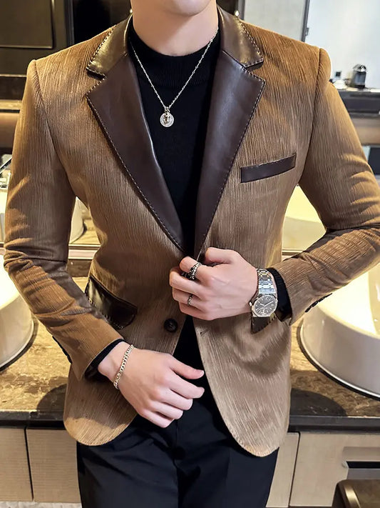 Male Coats  Leather Splicing Blazers Trendy Joker Vintage Casual