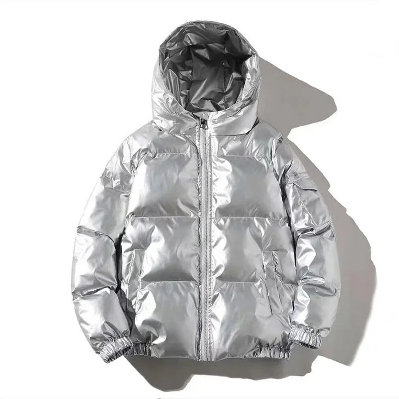 Bright Silver Puffer Jackets Casual Hooded Cotton Wadded Heated Jacket