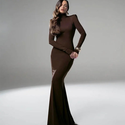 New Sexy Solid Backless Elegant  Casual Slim Turtleneck Long Sleeves Dress