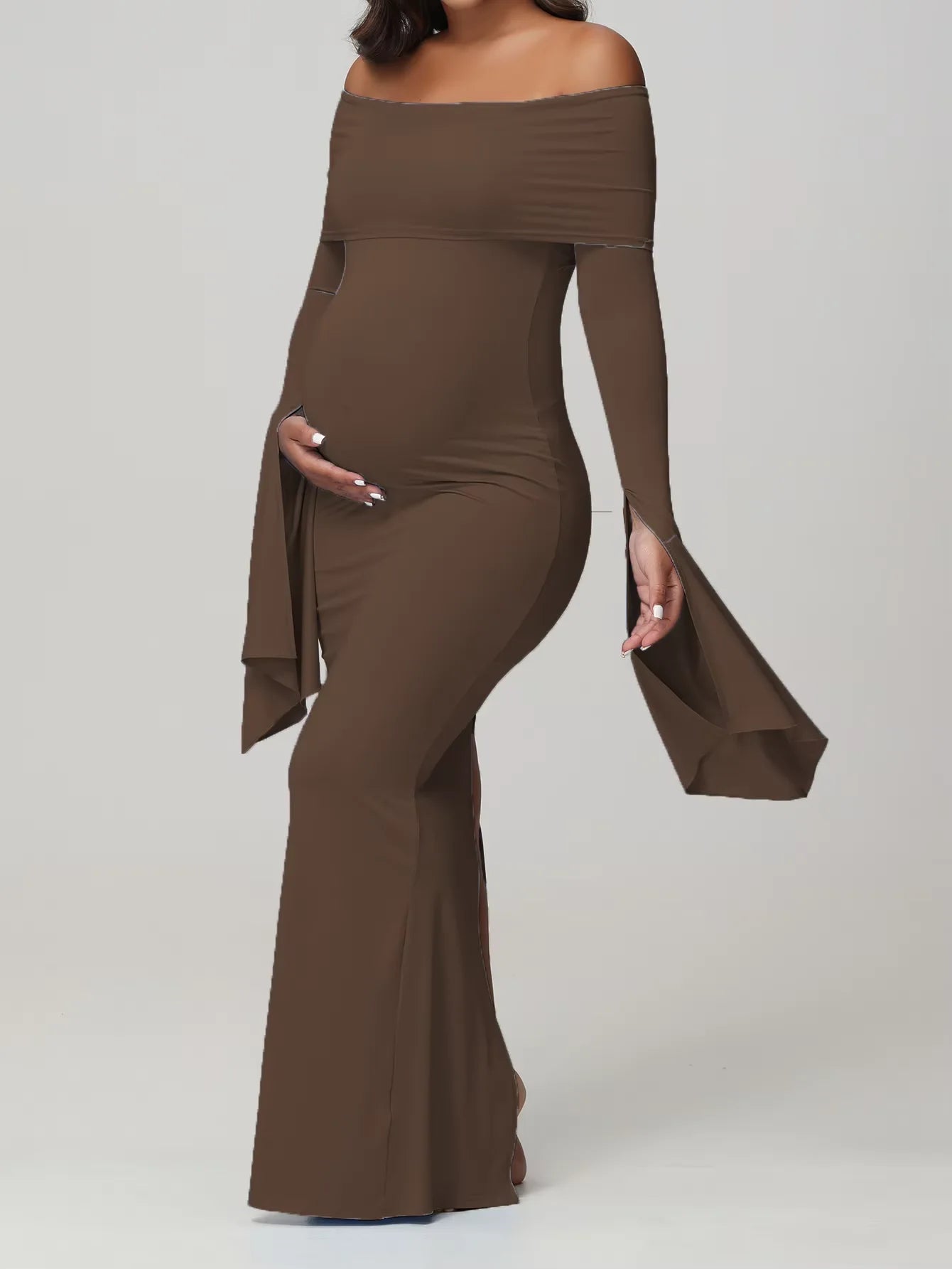 Women Maternity Off Shoulder Long Sleeve Bodycon Pregnancy  Gown