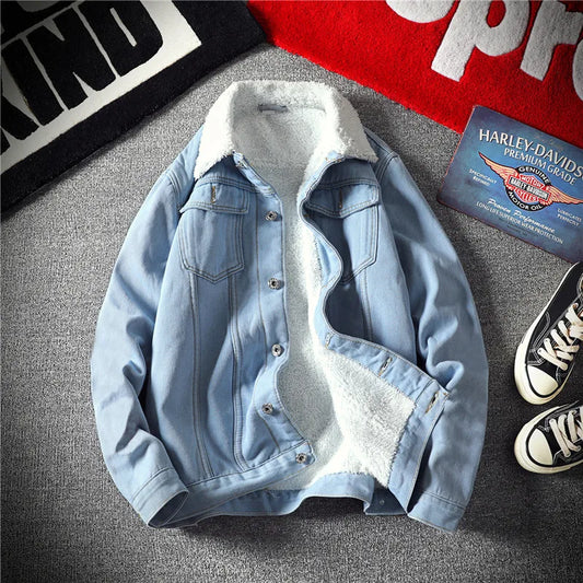 Men's Vintage Fleece Lined Denim Jacket Long Sleeve