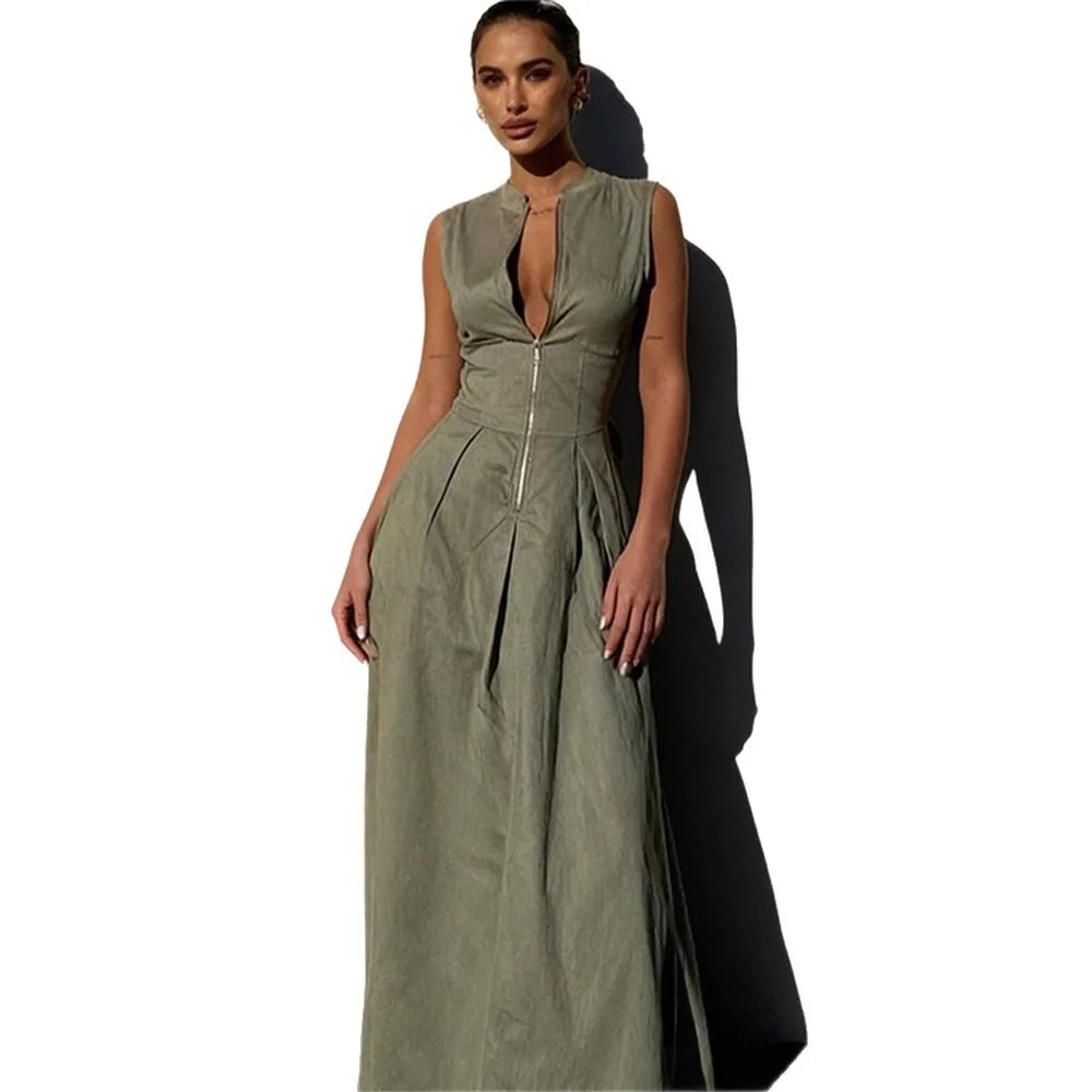 women's sleeveless jumpsuit V-neck zipper design