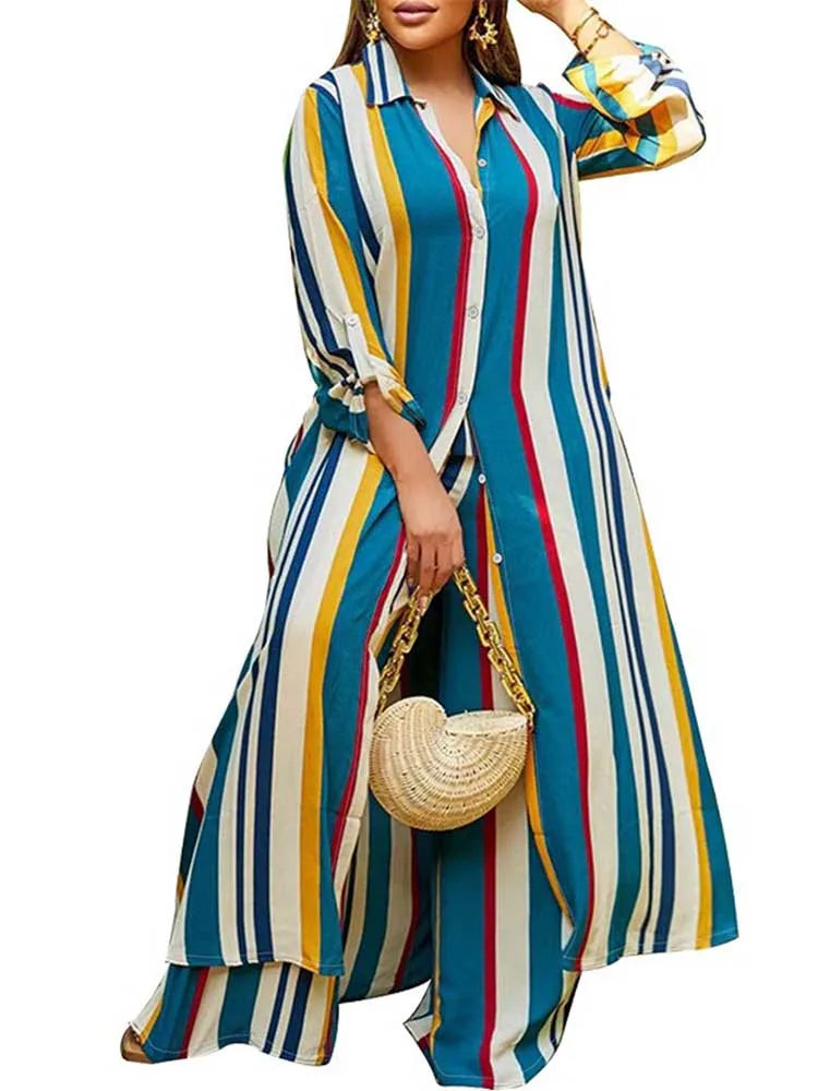 Elegant 2-piece Sets for Women  Long Shirt Blouse Full Sleeve Striped Plus Size Matching Sets