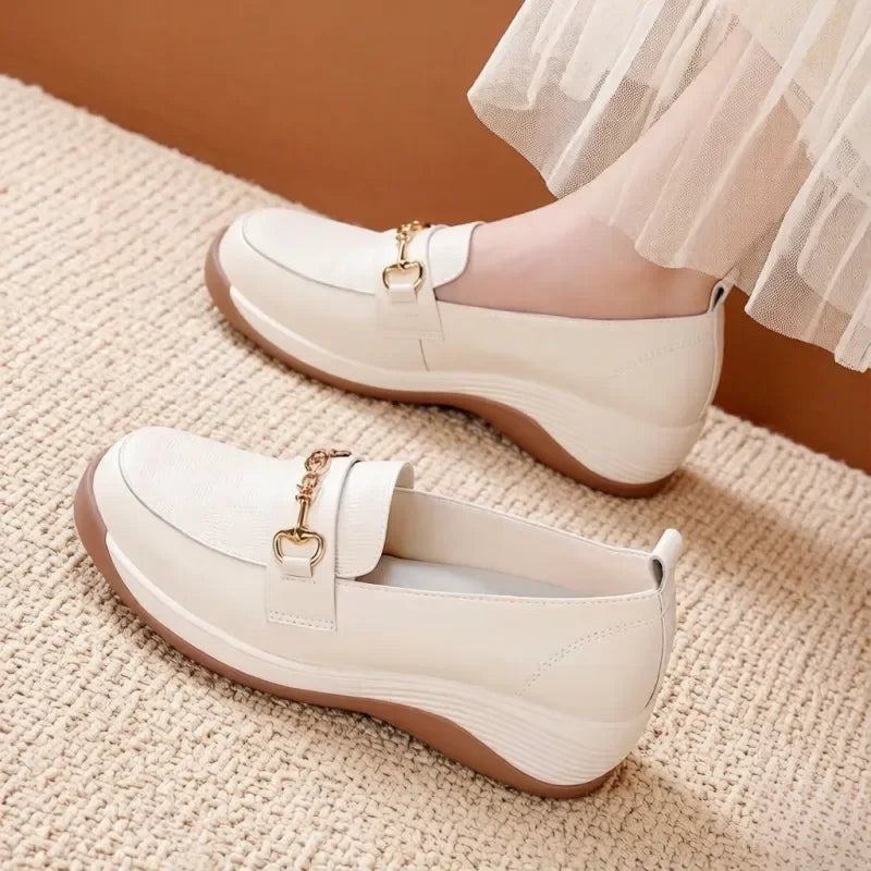 Soft Leather Loafers - Platform Wedge Heel Mom Shoes
