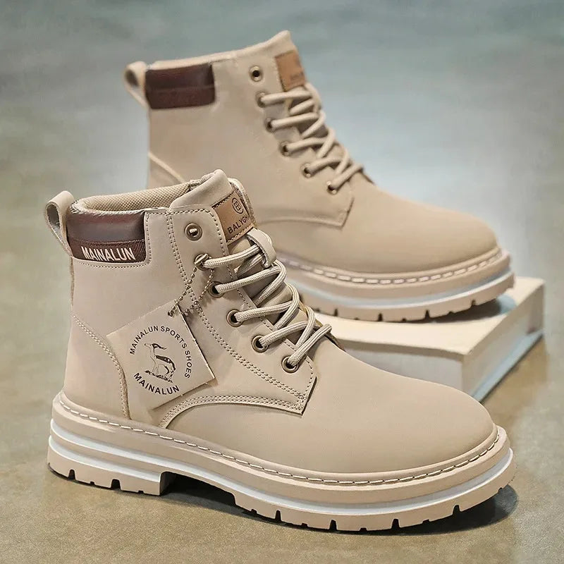 Men's High Top Boots High Quality Casual Leather Boots Lace Up Men Ankle Non-Slip Boot