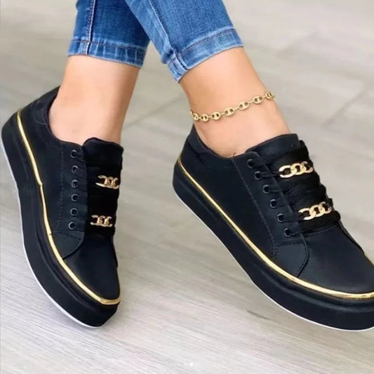 Women's Sneakers Chain Leather Comfortable Round Toe Platform Sneakers