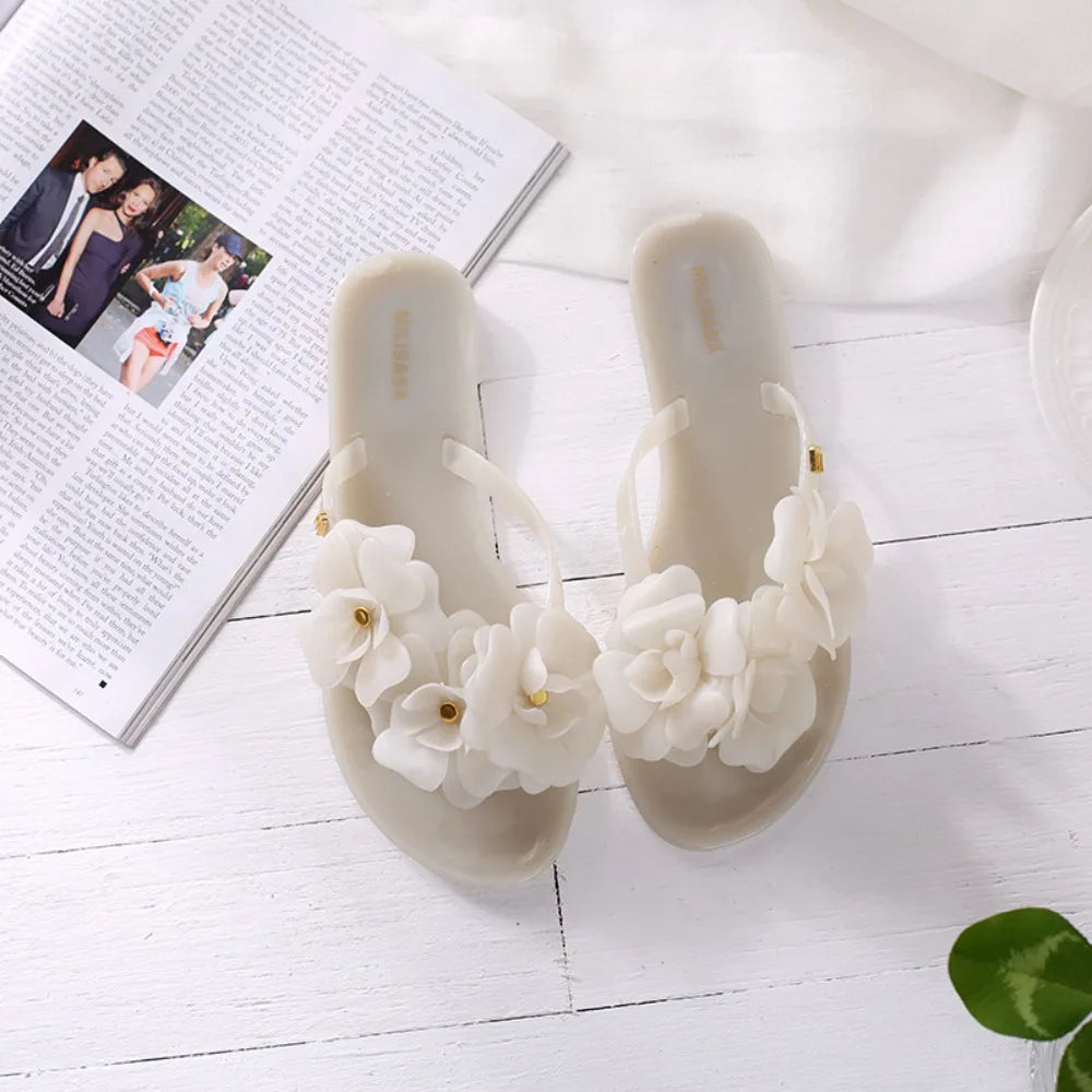 Flip Flops Women Summer Flower Flip Flop Sandals Flat Bottom Jelly Shoes