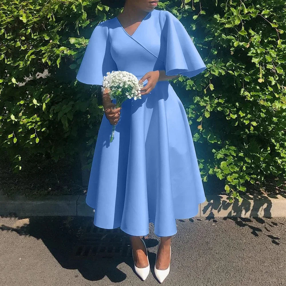 V Neck Flare Sleeve High Waisted Pleated A Line Mid Calf Luxury Dress