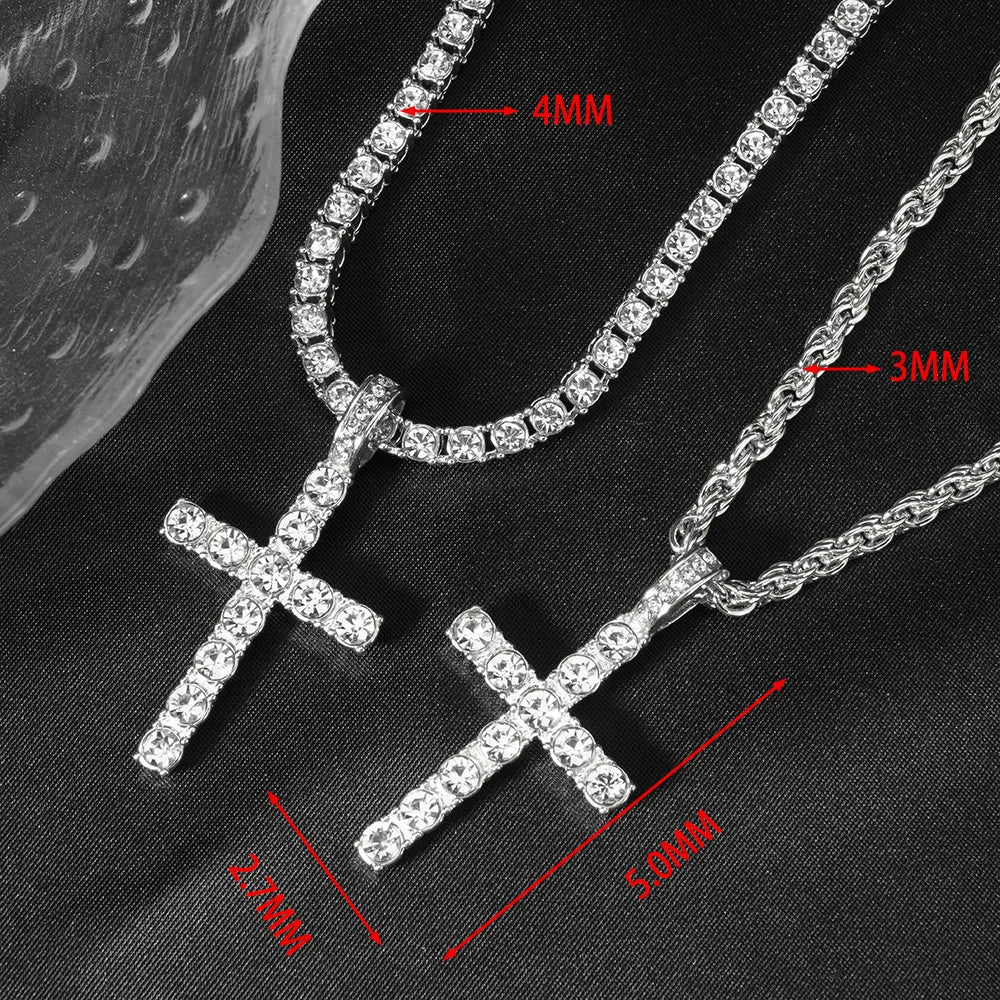 Hip Hop Iced Out Cross Pendant Necklace Strap 4mm Zircon