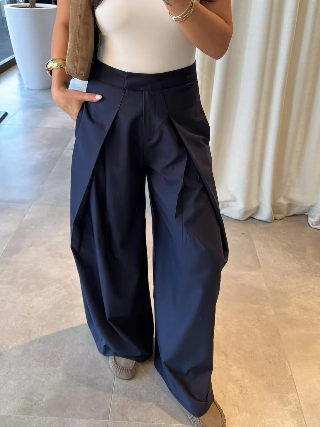 Women's Long Pants Military Green Pleated Loose Wide-Leg Pants