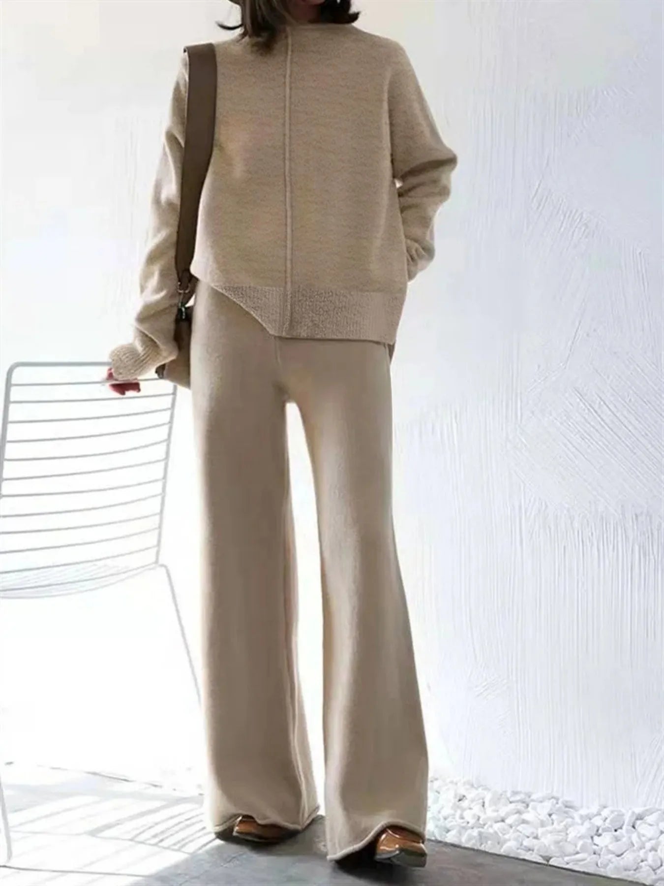 Women's Beige Oversized Knit Two-Piece Set with Half-Zip Sweater