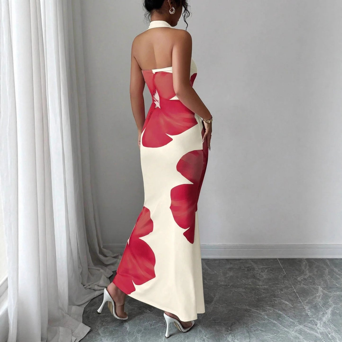 Plunging Neckline Back Opening Printed Pattern Woman Clothes