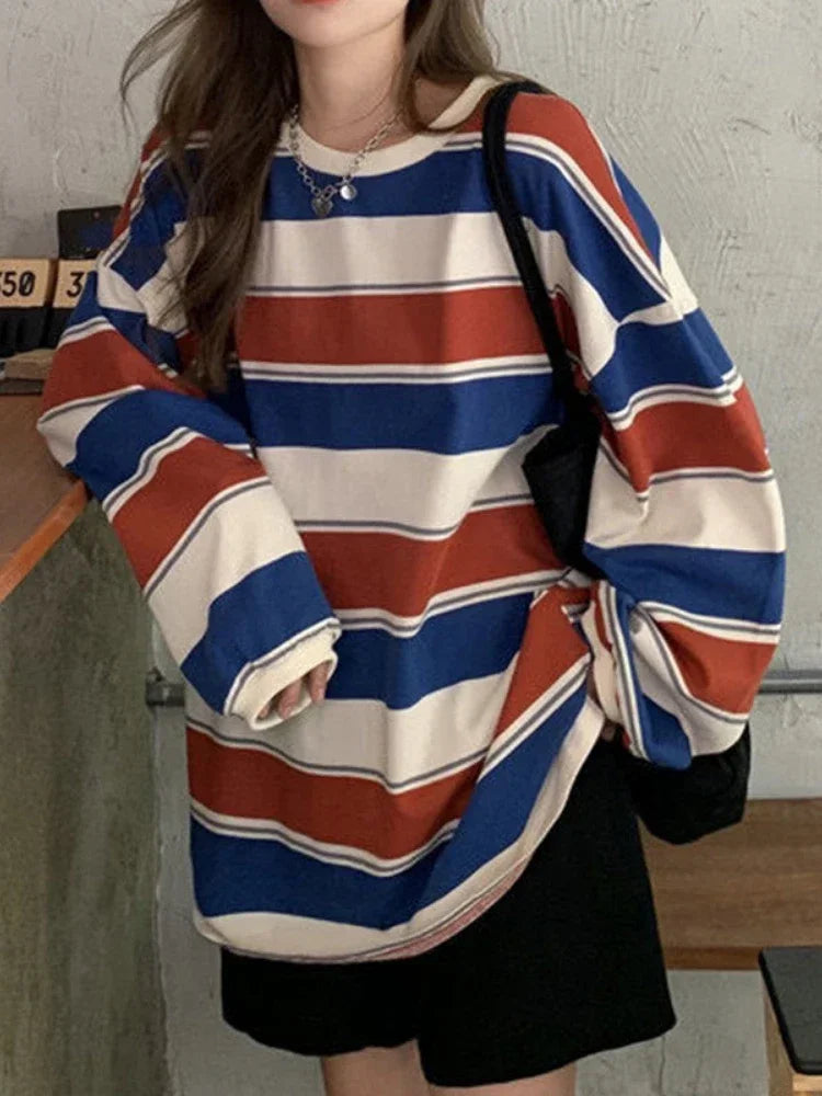 Woman  Sweatshirt Long Sleeves Tee Loose Couple Graphic stripe T-shirt