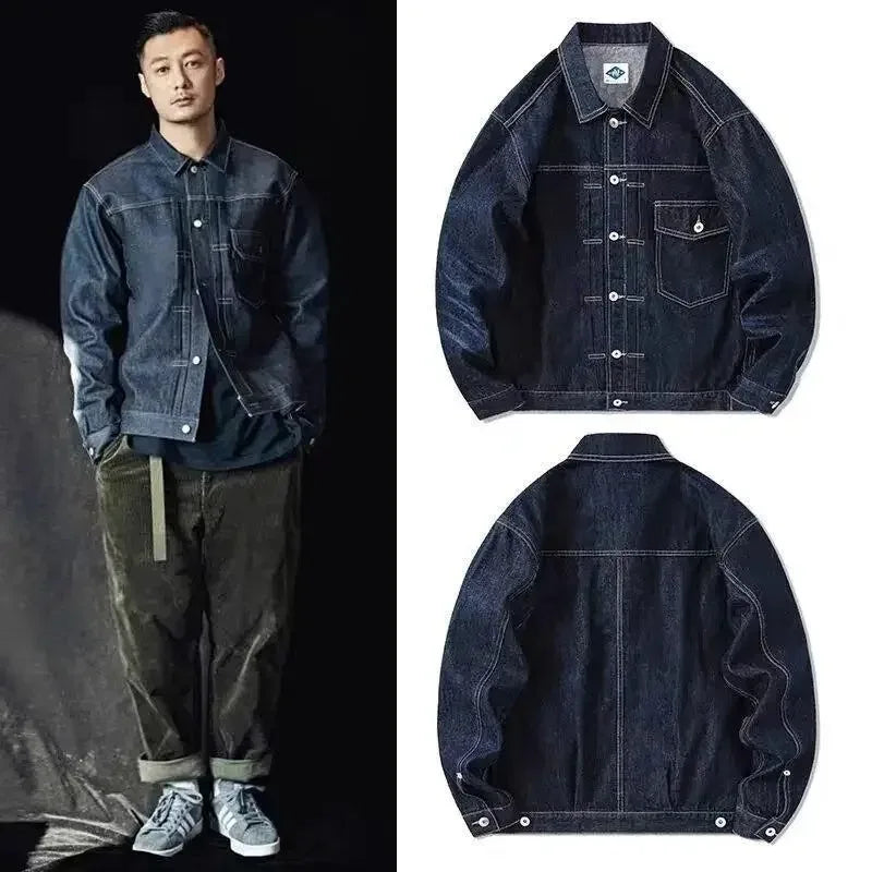 Black Loose Men's Denim Jacket  Workwear Coat
