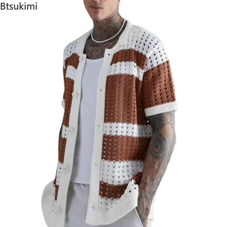 Striped Patchwork Knitted Shirts for Men Summer Short-sleeved Hollow Out Tops