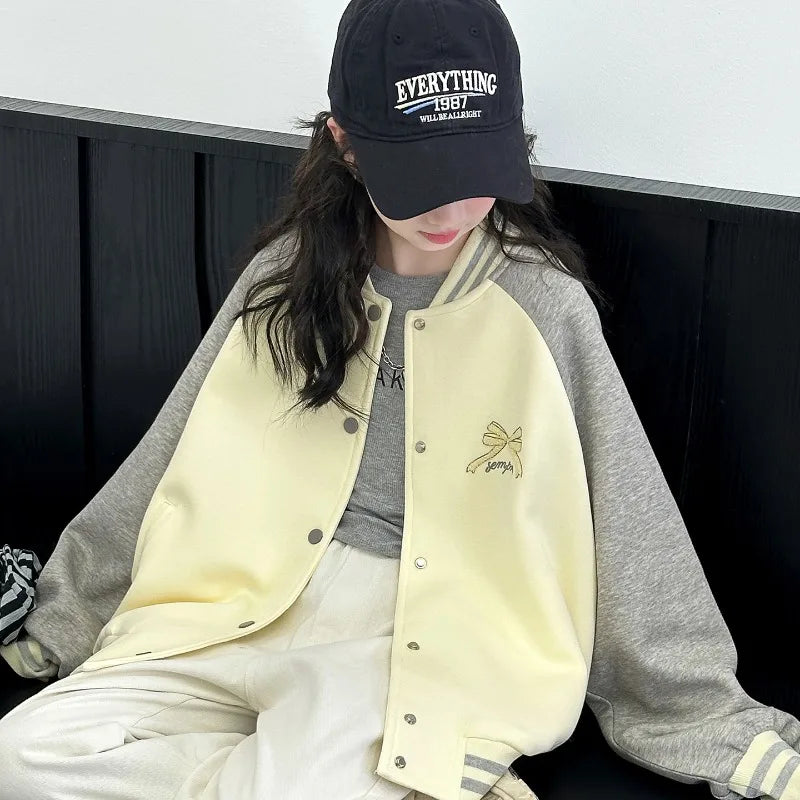 Girls Baseball Jacket  Casual Sports Bow Letter Embroidered Button Down Varsity Coat