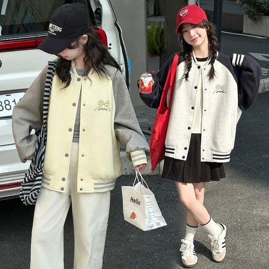 Girls Baseball Jacket  Casual Sports Bow Letter Embroidered Button Down Varsity Coat