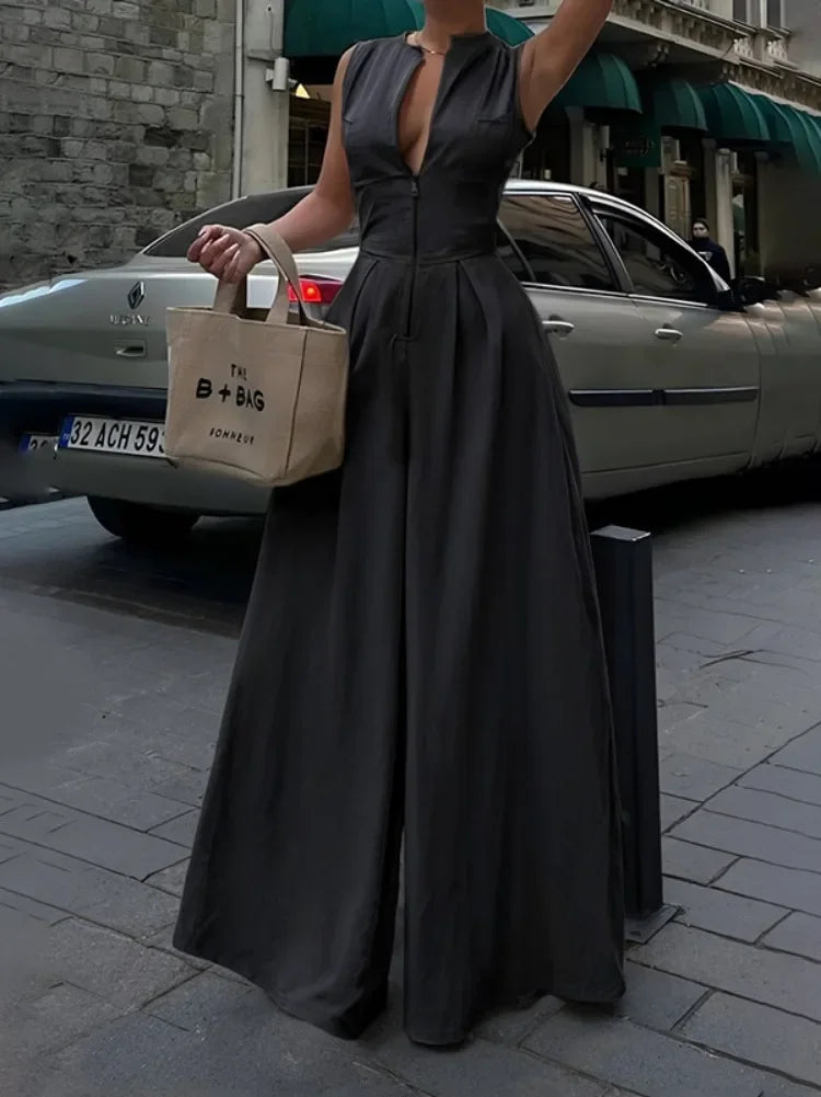 women's sleeveless jumpsuit V-neck zipper design