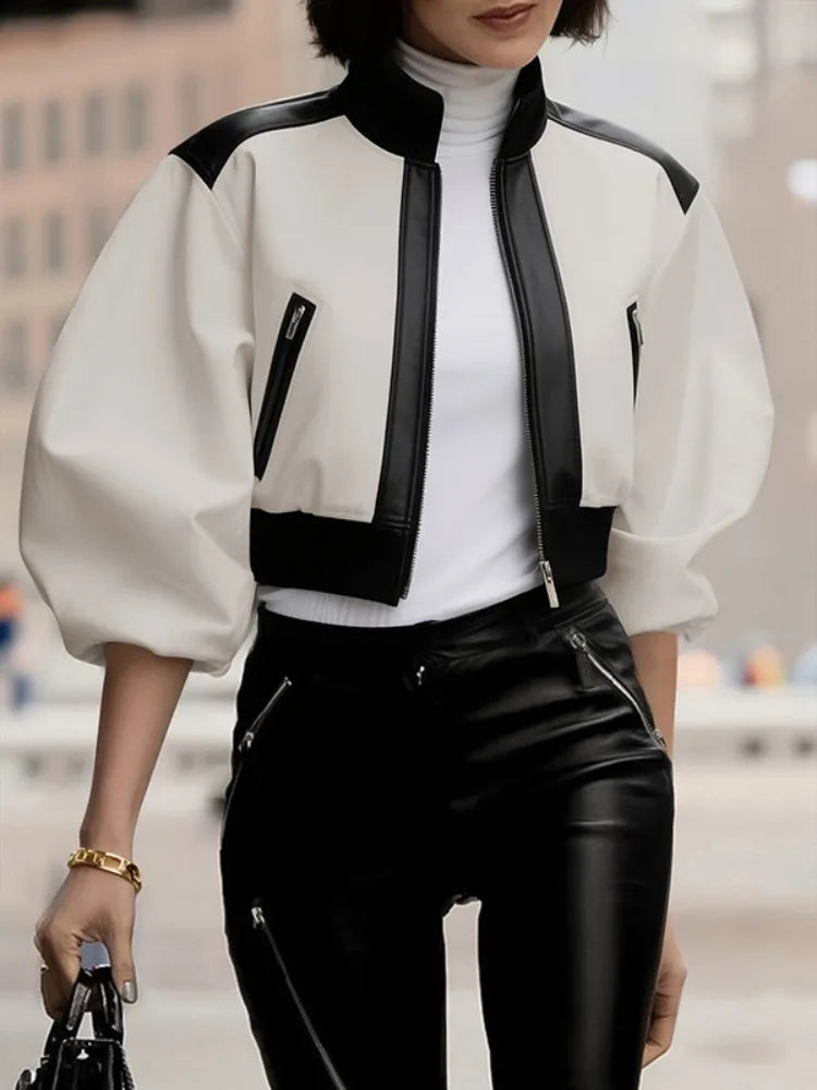 Leather Zipper Jackets Women Puff Sleeves Stand Collar Casual Outerwears