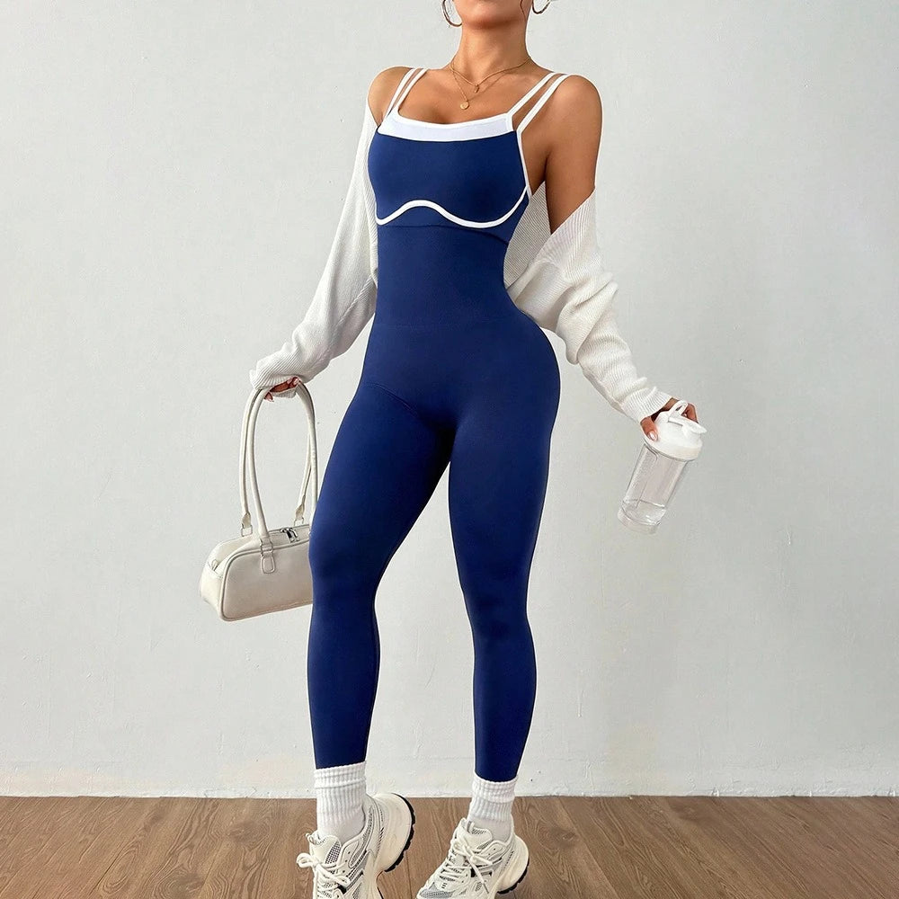 Women One-piece Yoga Jumpsuit With Pads Sleeveless Patchwork Slim Fit
