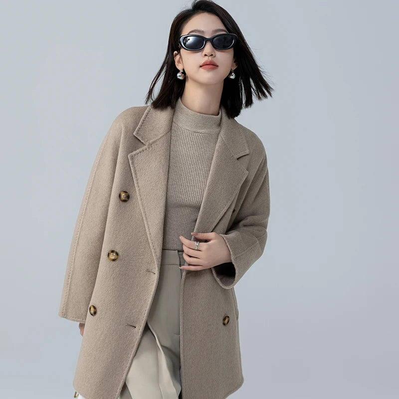 Mid-Length Women's  Camel  Double Breasted coat