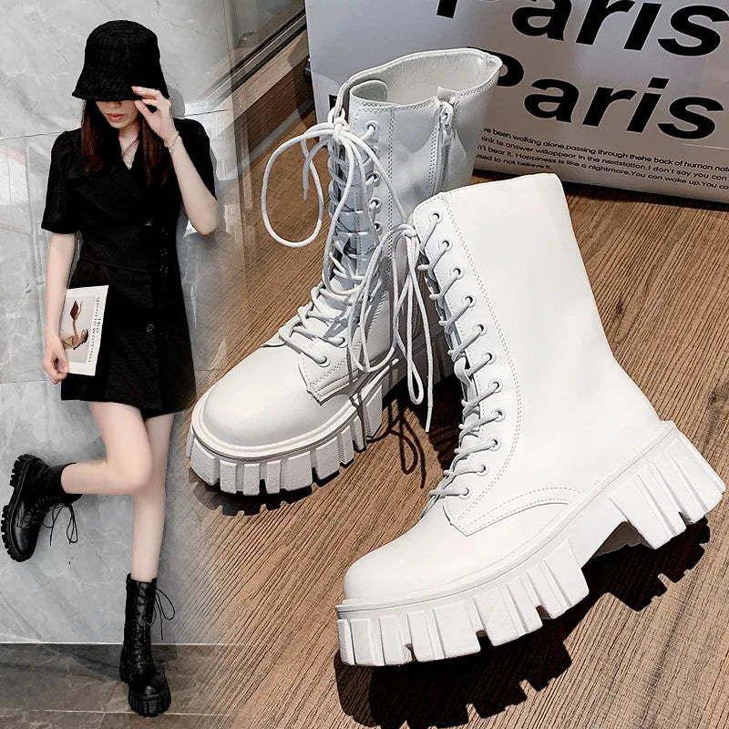 Women's  Boots  Thick Bottom Side Zipper Tie Lace  Warm round Toe Mid-Calf Boots