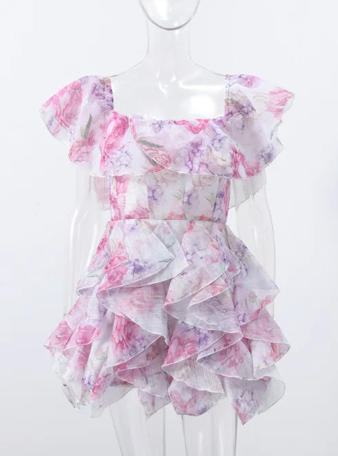Elegant Printed Backless Strappy Short Skirt Women's Dress
