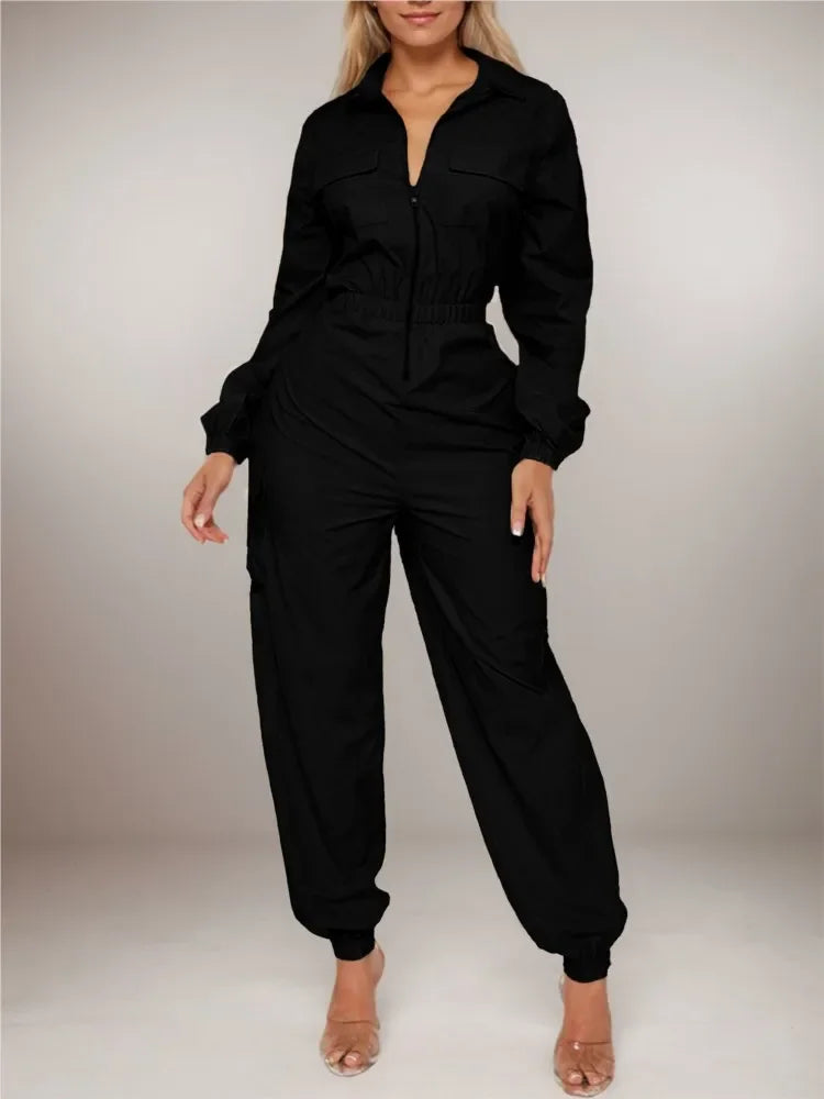 Women's Pocket Elastic Waist Zipper Jumpsuit