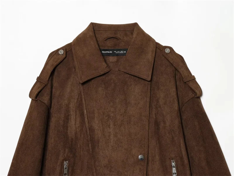 New Style Brown Long Sleeve Suede Effect Loose Biker Style Jacket