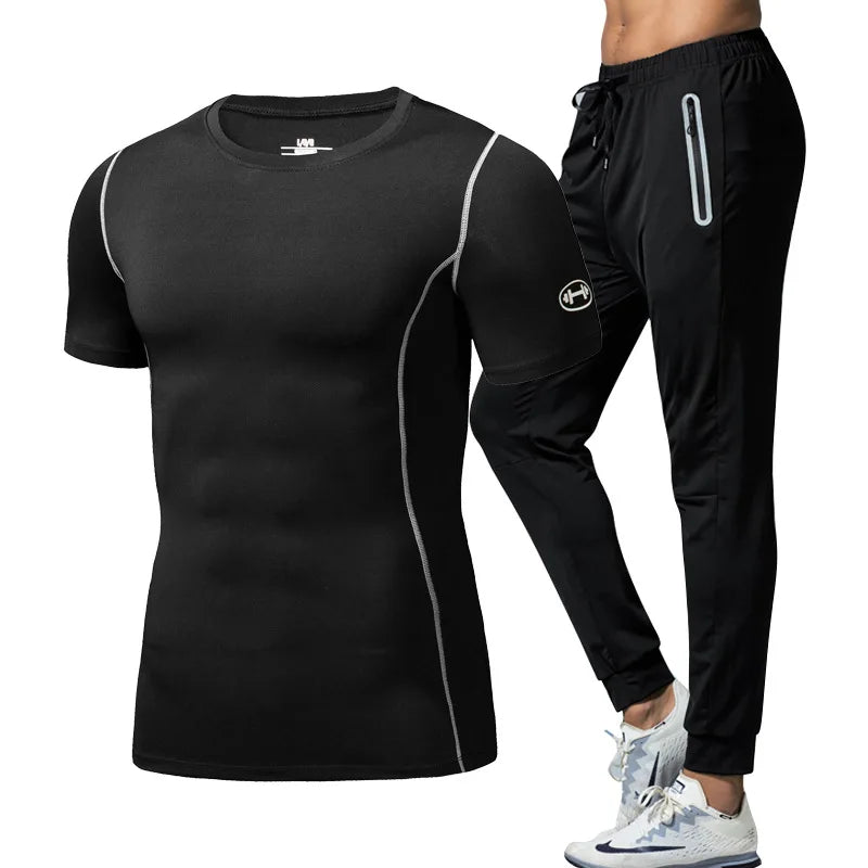 Men Fitness Set Short Sleeves Pants Quick Dry