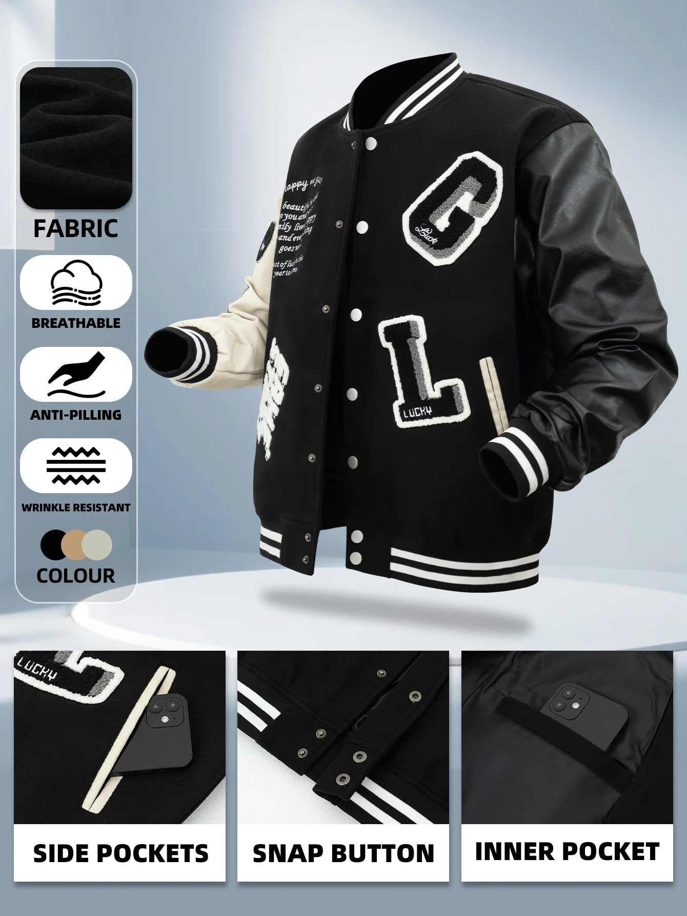 Women's Varsity Jacket Faux Leather Sleeve Baseball Uniform