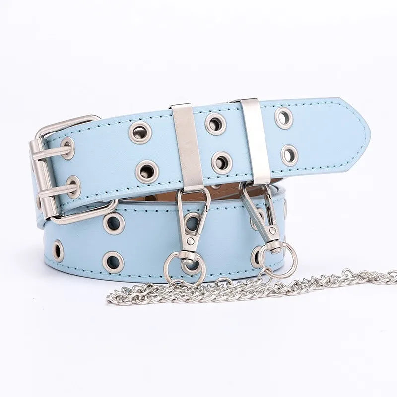 Women Trouser Belt Punk Cool Metal Buckle Adjustable Eyelet Leather Fashion