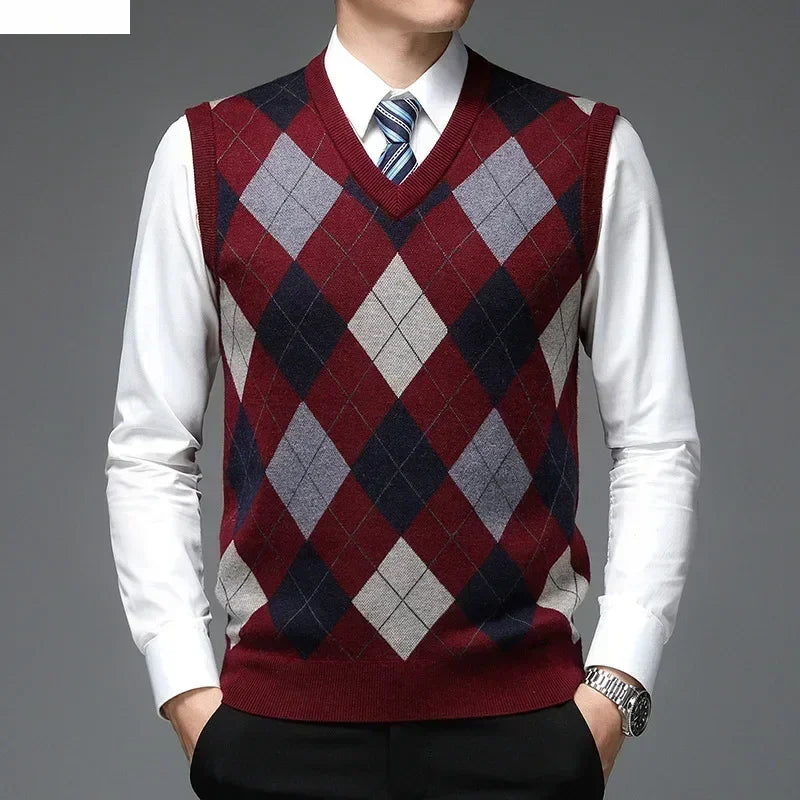 Men's Casual Knitted Wool Sweater Vest V-neck Knit Pullover