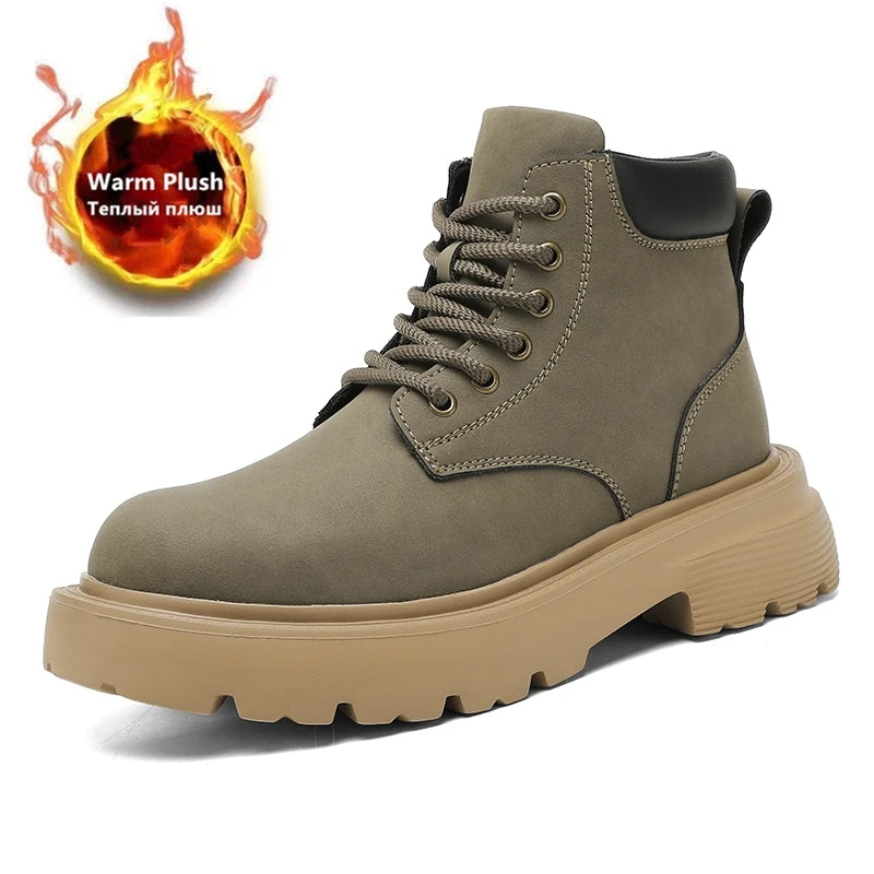 Men High Top Boots Leather Shoes Warm Outdoor Sneakers Lace Up Non-Slip Ankle Boots