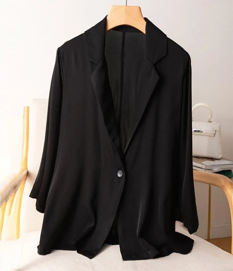 Women Blazer 95% Mulberry Silk 5% Spandex One Button Coat Jacket